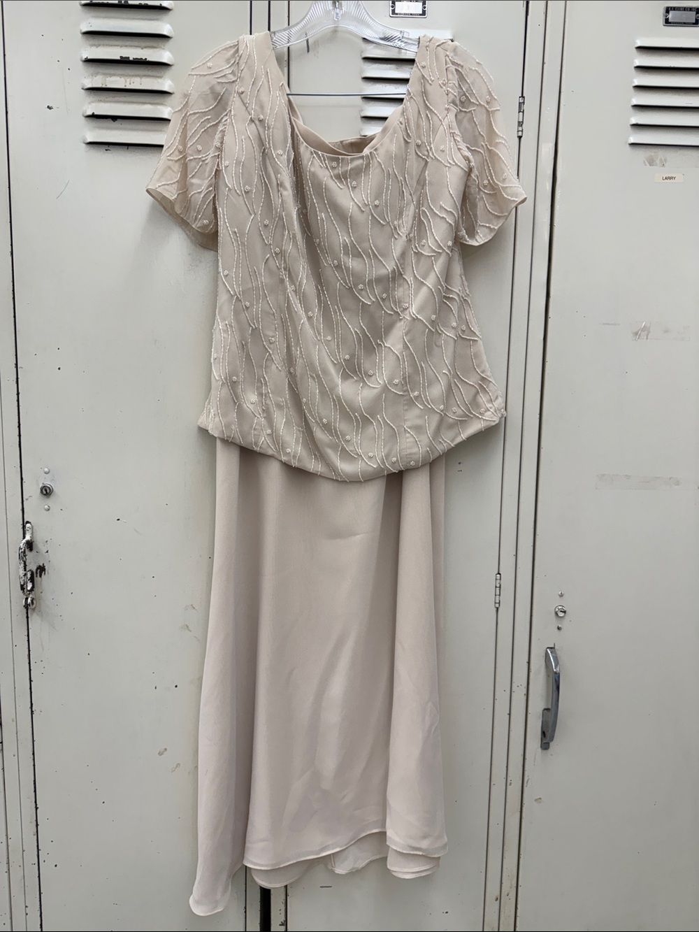 Caterina Feminine Beautiful Beaded Ivory Maxi Dress with Short Sleeve Overlay